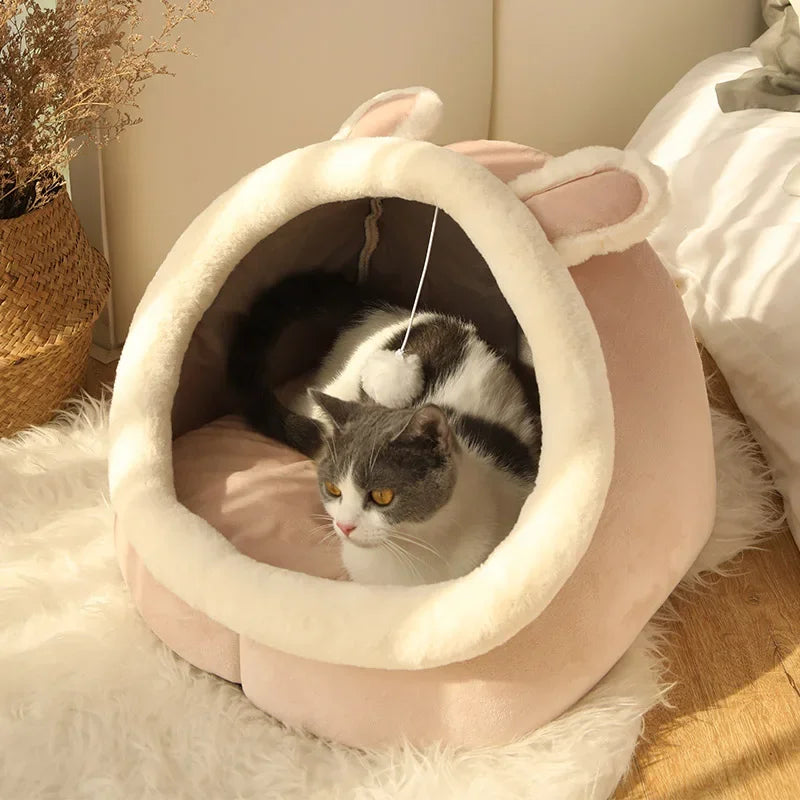 Cama Tipo Cueva para Gatos y Perros Pequeños – Suave, Lavable y Acogedora