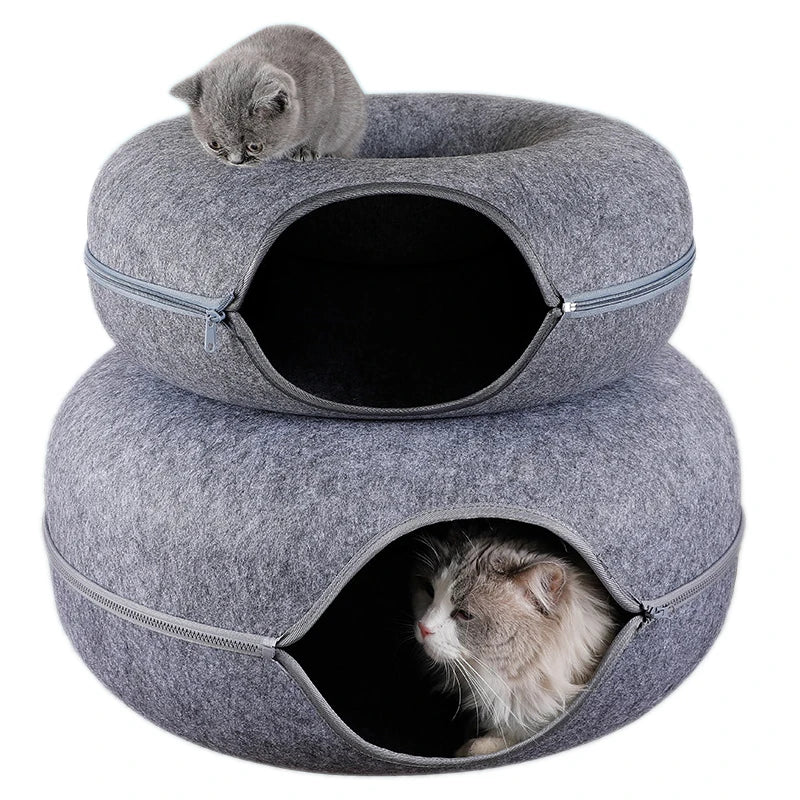 Cama Túnel en Forma de Donut para Gatos – Fieltro Natural | Juguete Interactivo + Refugio